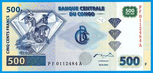 S4 - DR Congo 500 Francs 2002 Unc. Banknote P. 96 Diamond Minning SN: PF0112484A - Picture 1 of 2