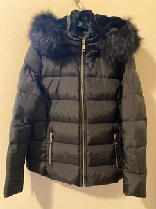 ZARA Girl's Jacket Black Puffer Fur Collar Hooded Coat Size Large - Picture 1 of 4