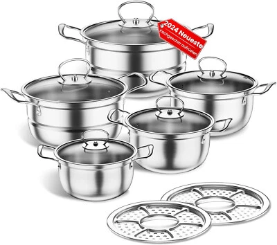12 Piece Stainless Steel Saucepan Set Pot Set Glass Lids Pots Pot Pan Induction - Image 1 of 4