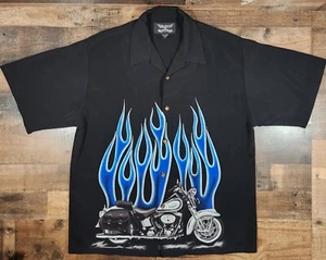 Chrome Eagle Button Up Shirt Mens XL Black Motorcycle Blue Flames Y2K - Picture 1 of 11