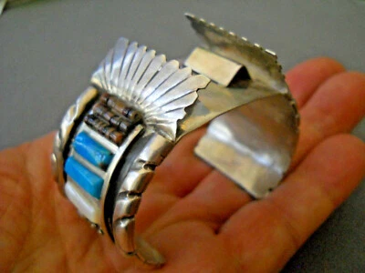 A SPENCER Native American MultiStone Raised Inlay Sterling Silver Watch Bracelet - image 1 of 4