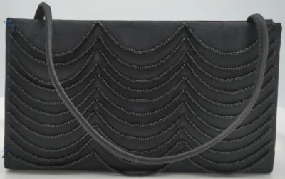 Vtg Mini Black Satin & Beaded Rectangle Box Hand Evening Bag Cocktail Formal - Image 1 of 4