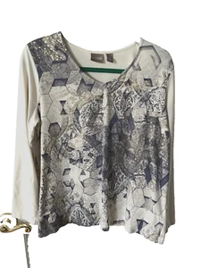 Chicos Women's Size 2  Ivory  with  Gold  Metallic Long Sleeve T-Shirt - Picture 1 of 3