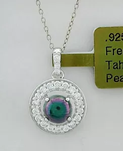 FRESH WATER TAHIAN PEARL & WHITE SAPPHIRES NECKLACE .925 Sterling Silver - NWT - Picture 1 of 4