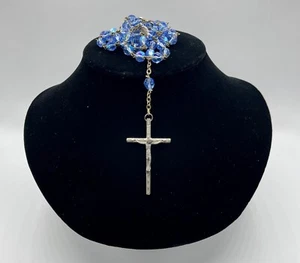 Rosary 5 Prayer Cross Necklace w/ Blue Beads Signed Inri  - Picture 1 of 13