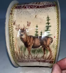 Christmas Ribbon Deer Buck 2 1/2 Wide X 100ft, Wired Edge White Gold Polyester - Picture 1 of 3