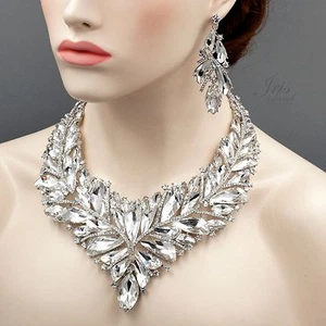 Huge Clear Crystal Necklace Earrings Jewelry Set Women Prom Pageant Silver 4404 - Picture 1 of 8