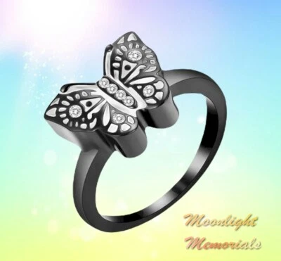 Nuevo Anillo de Recuerdo Conmemorativo Urna Cenizas Cremación Corazón Cristal Mariposa Foto 1 de 4