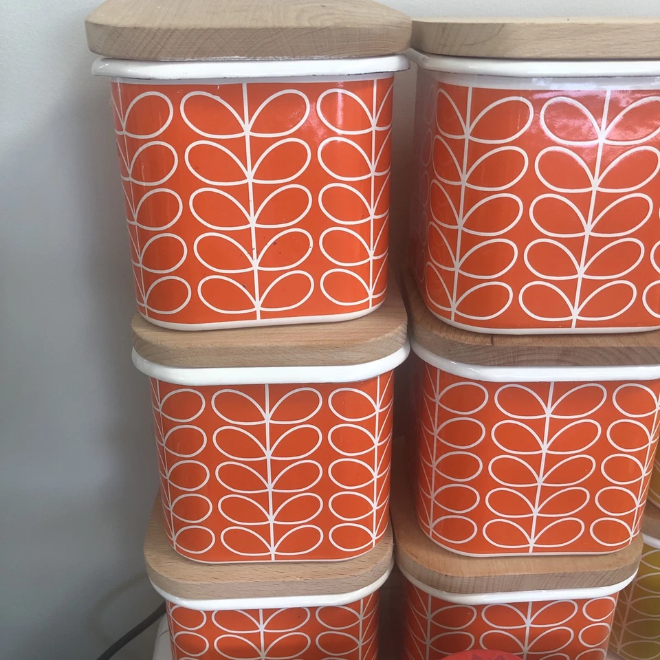 Orla Kiely 2018 Orange Stem Enamel & Wood Cube Canister - Image 1 of 1