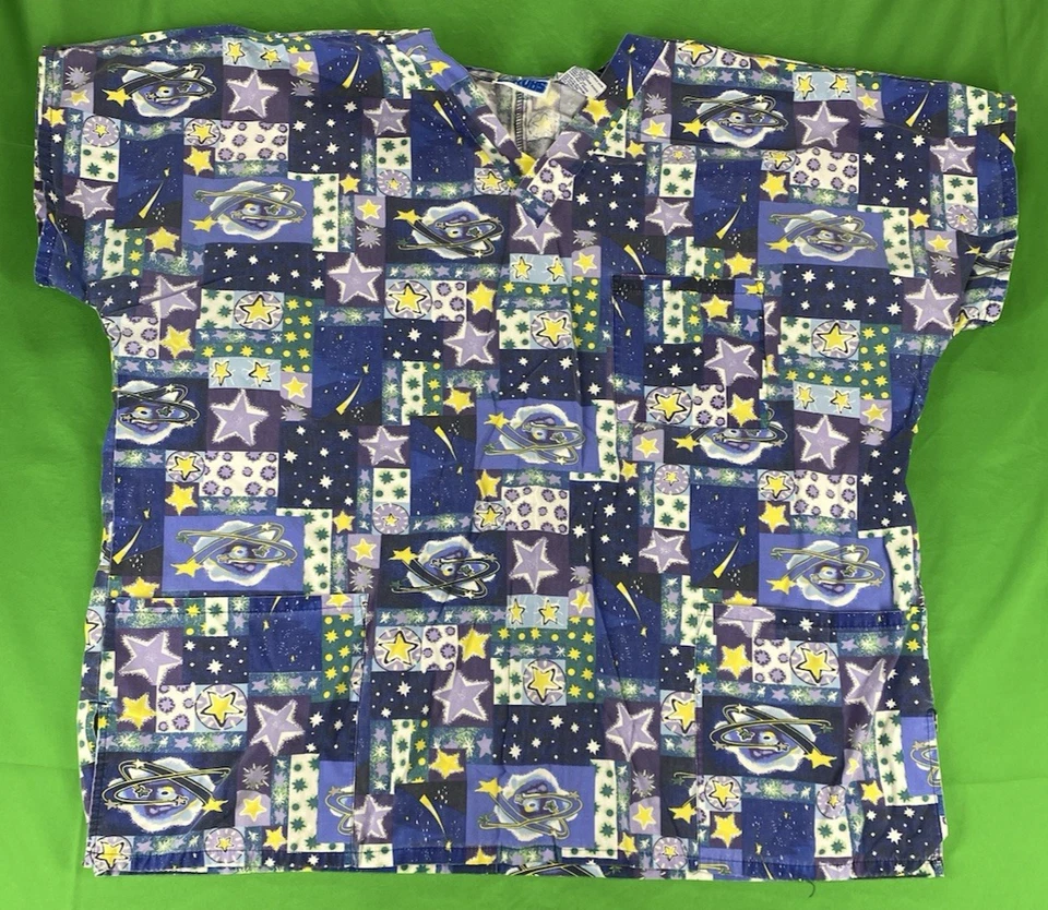 2 XL Planet Star Checkered Pattern MHD Scrubs Scrub Top - Image 1 of 4