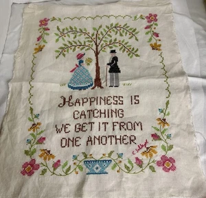 Vintage signierter Schlagel Kreuzstich Glück fängt Leinen Kissenrahmen - Bild 1 von 10