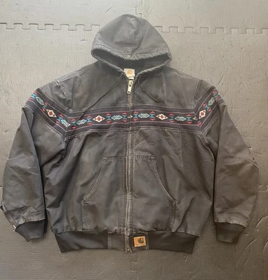 Chaqueta Carhartt Azteca De Colección Para Hombre Talla XL Desteñida Negra Con Capucha Cremallera Años 90 J79 Negra Foto 1 de 4