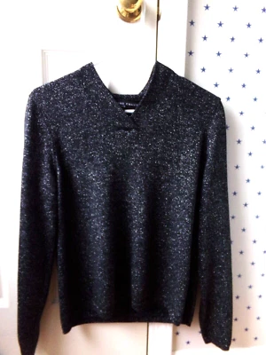 Suéter Josephine Chaus Negro Seda Brillante Metálico Plateado Mujer L Pequeño Grande Foto 1 de 4