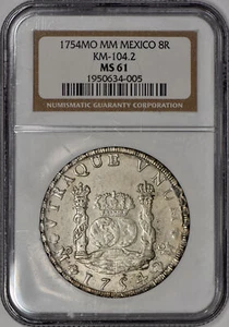 1754 Mexico Silver Pillar Dollar 8 Reales KM-104.2 NGC MS61 - Picture 1 of 3