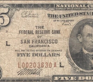 ⭐⭐ KEY 1929 $5 SAN FRANCISCO FRBN FEDERAL RESERVE BANK NOTE Fr 1850-L 03630 - Picture 1 of 3