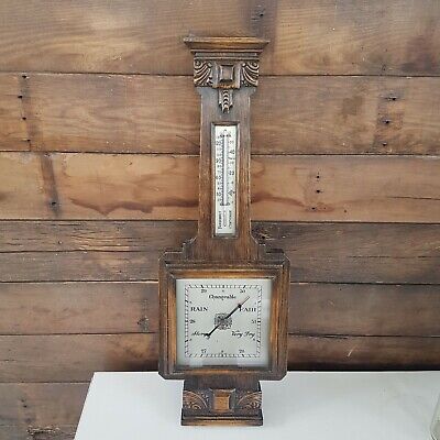 Large Antique Carved Oak Barometer British 27  Tall AS-IS • 195$