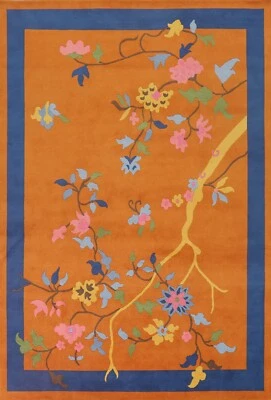 Orange Art Deco Chinese Area Rug 8x10 Hand-made Wool/ Silk Transitional Carpet - Image 1 of 4