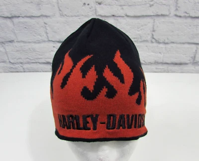 2006 Harley-Davidson Flame Fire Beanie Black Orange Men Vintage Y2k 00s Hat Bike - Image 1 of 4