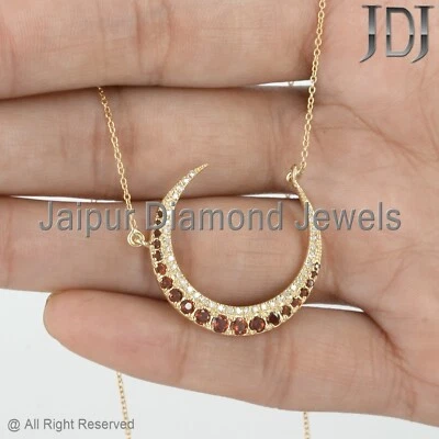 Collar con dije de media luna de diamantes naturales granate de oro amarillo sólido de 14 k Foto 1 de 4