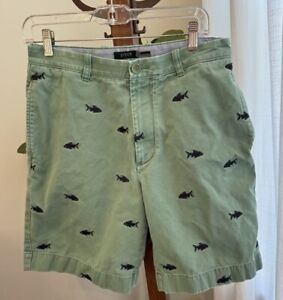 J Crew Mens Chino Shorts Embroidered Fish Print Size 31 Green Blue Flat Front