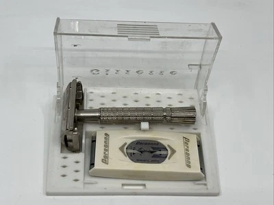 Navaja de viaje Gillette Fat Boy Flare Tip vintage con estuche y hojas Personna EE. UU. Foto 1 de 4