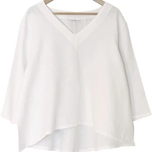 BRYN WALKER White Linen LILY SHIRT Top High-Low Flare Sleeve V-Neck SZ L - Picture 1 of 4