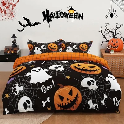 Juego de funda nórdica Halloween tamaño king, 3 piezas edredón calavera calabaza telaraña negro Foto 1 de 4