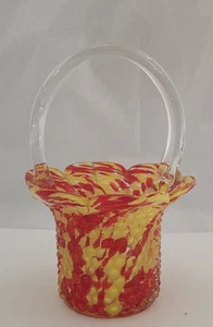 Vintage Czech End of Day Glass Basket Red Yellow Clear Swirl Hand Blown - Picture 1 of 11
