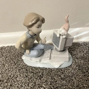 Lladro Figurine Programming Pals #6693 Cat Computer And Boy Figure NO BOX - Picture 1 of 12