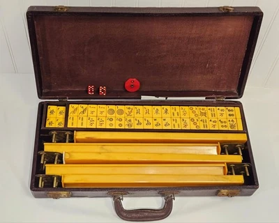 Vintage Mah Jong Set 152 Butterscotch Bakelite Tiles & 5 Tile Racks - Image 1 of 4