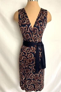 TORY BURCH Size S Silk Jersey Navy Blue Brown Swirl Print Sash Belt Dress S - Picture 1 of 8