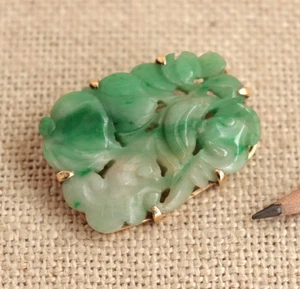 14k Gold geschnitzte Jade Brosche chinesische Export Plakette Blätter Früchte 13,8g Nachlass Vintage - Bild 1 von 23