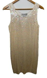A J BARI Size 6 Full Sequin Vintage Cocktail Dress Ivory Peach Short Sleeveless - Picture 1 of 12