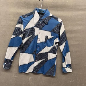 Vintage Van Heusen Shirt Mens Medium Blue White Geometric Long Sleeve 70s Disco - Picture 1 of 8