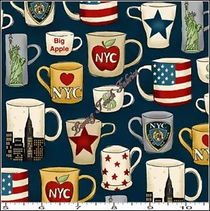 MAKOWER UK "NYC MUGS" TP1072-1 NEW YORK SMALL CUPS COTTON FABRIC PRICED @ 1/2 YD - Picture 1 of 1
