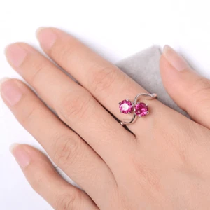 Pink Ruby Two Stone Women Ring Lab Created Gemstone 925 Sterling Silver Ring - Picture 1 of 5