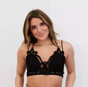 Zenana Small Forever Flirty Lace Black Bralette Cotton Sweatheart Neckline - Picture 1 of 11