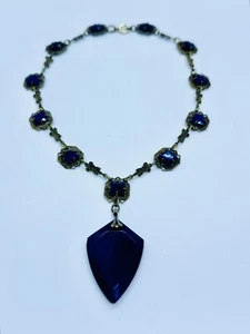 MAX NEIGER Vintage Art Deco Czech Egyptian Revival Blue Pressed Glass Necklace - Picture 1 of 9
