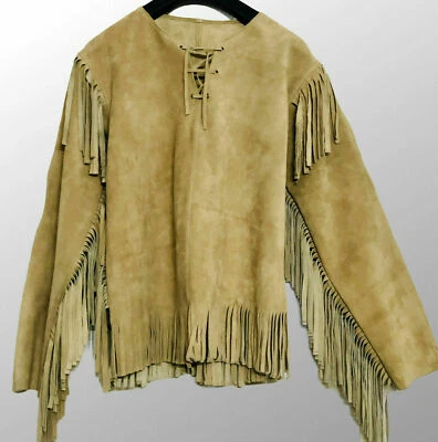 Western Men Wear Buckskin Suede Leather Fringe Jacket Native American War Shirt - Image 1 of 3