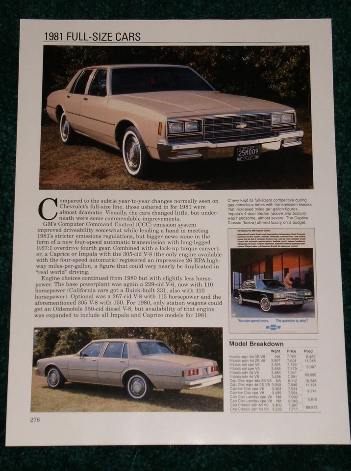 Chevy Impala-Caprice 1981 clásico hoja de especificaciones información foto 81 267 305 vagón Foto 1 de 1