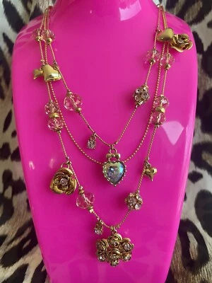 Betsey Johnson Pink Crystal Bows AB Heart Rose Bouquet Gold Layered Necklace - Image 1 of 4