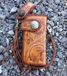 Custom Leather Biker Eagle Carved Wallet Chain Handmade Leather Wallet Gift X17 - Picture 1 of 3