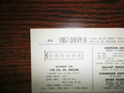 Chevrolet Chevy II Series 1967 90 HP 194 CI L6 Sun tabla de puesta a punto ¡Gran estado! Foto 1 de 4