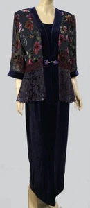 Vtg 90s R&M Richards Navy Velvet Velour Maxi Shift Dress W Oriental Jacket Sz 16 - Picture 1 of 9
