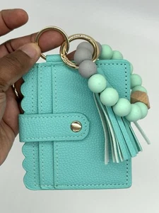 Women’s Sciicone Beaded Bracelet Keychain Card Wallet- Mint Green - Picture 1 of 4
