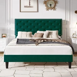 Full Size Velvet Upholstered Platform Bed Frame & Adjustable Tufted Headboard - Picture 1 of 45
