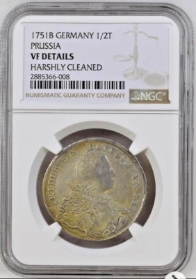 1751-B German States PRUSSIA 1/2 Thaler Silver Coin Friedrich II NGC VF-Details  - Image 1 of 2