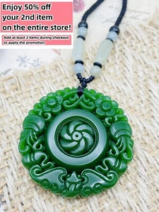 Jade Charm Pendant Necklace W/ Beads Cord Chain Handmade Carved Floral Gemstone - Picture 1 of 6