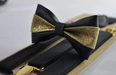 Pajarita de cuero negro dorado brillante + tirantes negros cordones hombres jóvenes niños pequeños Foto 1 de 4