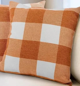 Square Pillow Cover Plaid Orange Ivory 17" Festive Cabincore Cottage COVER ONLY - Picture 1 of 7